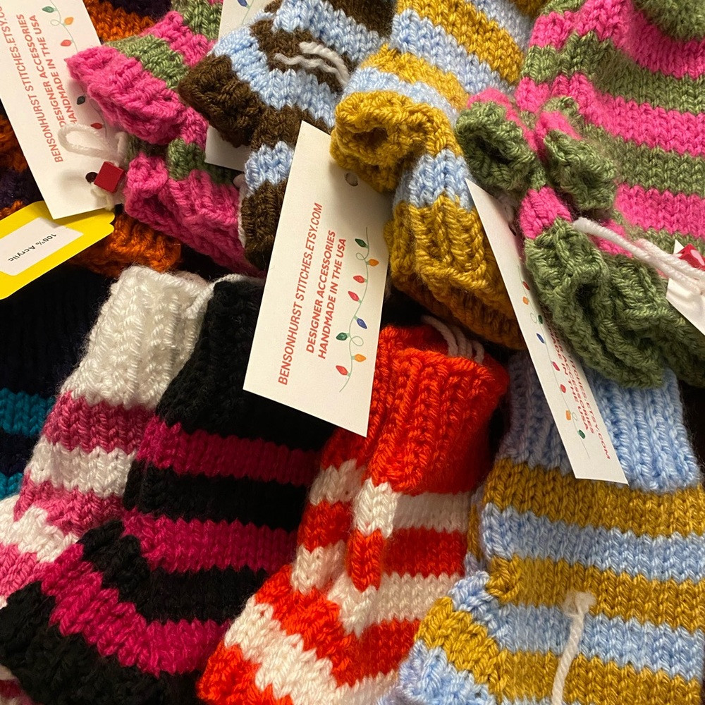 Handknit Fingerless Mittens-Mustard Stripes